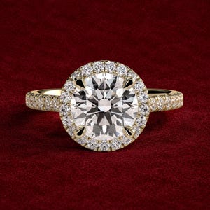 2ct Round Moissanite Diamond Solitaire And Halo and Pave Band Engagement Ring, 14kt Solitaire Gold Ring, Anniversary Ring, Promise Ring.