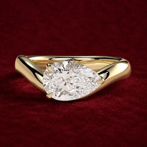 Anillo de compromiso solitario con banda ondulada, moissanita en forma de pera de 2 quilates y diamantes, engaste este-oeste, anillo solitario de oro de 14 quilates, anillo de aniversario, anillo de promesa.