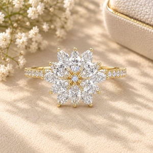 14K Gold, Marquise Moissanite Diamond Flower Engagement Ring, Nature  Inspired ,Floral Ring, Gift For Women..