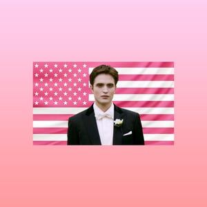 Puede incluir: Una persona de cabello oscuro viste una chaqueta de esmoquin negra, una camisa blanca y una pajarita blanca, con un boutonniere de flor blanca en la solapa. El fondo es una bandera con rayas horizontales y estrellas en tonos rosa y blanco.