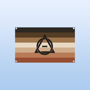 May include: A rectangular flag with horizontal stripes in shades of brown, tan, and beige. A black symbol, featuring a triangle, circle, and a horizontal line, is centered on the flag. The flag has grommets in each corner.