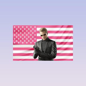 May include: A rectangular wall flag featuring a stylized American flag design with alternating white and pink horizontal stripes and a blue canton with white stars. A blonde character in a black turtleneck, black blazer, and sunglasses is centered.
