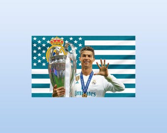 Tapiz de Cristiano Ronaldo con la bandera estadounidense del Real Madrid – Arte de pared de leyenda del fútbol / Decoración para aficionados al fútbol / Bandera estadounidense estética / Regalo para la habitación deportiva