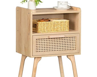 Bohemian Rattan Nightstand, Cane Accent Bedside Table, Solid Wood Legs