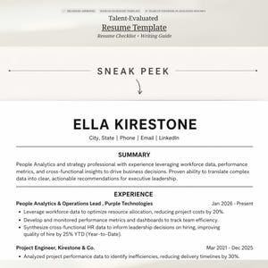 Könnte beinhalten: Eine Talent-Evaluated Resume Vorlage mit der Aufschrift "Sneak Peek". Der Lebenslauf hat ein professionelles Layout mit Abschnitten für Zusammenfassung und Erfahrung. Der Name "Ella Kirestone" ist prominent dargestellt, zusammen mit Kontaktinformationen.
