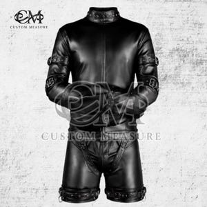 May include: A black long-sleeved jacket and shorts set made of a smooth material. The jacket features a high collar with buckle straps on each sleeve. The shorts include integrated buckle straps and metal hardware. The text CUSTOM MEASURE is visible.
