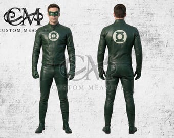Handmade Men’s Green Lantern Superhero Style Leather Jacket with Pant