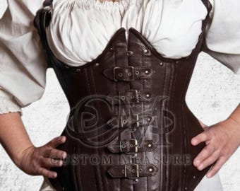 Ręcznie robiony brązowy skórzany gorset pod biust z klamrą