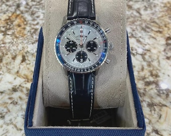 Reloj cronógrafo automático Breitling Navitimer vintage – Acero inoxidable, correa de cuero negro, reloj suizo de lujo para hombre con caja