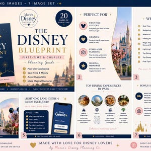 May include: A digital download set of seven planning guide pages titled The Disney Blueprint. The pages feature navy blue and cream color schemes, text detailing trip strategies, park dining guides, and imagery of a castle and mouse ears.