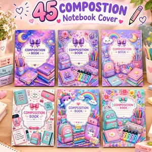 Puede incluir: Una colección de seis portadas de cuadernos de composición con ilustraciones en tonos pastel de material escolar, mochilas, arcoíris y estrellas. Cada portada incluye una etiqueta central con el texto Composition Book y elementos decorativos.