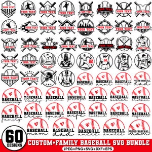 May include: A collection of 60 black and white baseball-themed graphic designs featuring baseballs, bats, players, and text placeholders. The set includes circular emblems, shield shapes, and baseballs with hearts and family-related text.