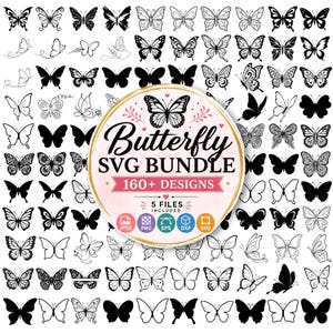 Op de afbeelding: Een digitale collectie van meer dan 160 zwart-wit vlinderillustraties in diverse stijlen, waaronder silhouetten en lijntekeningen. Een centrale ronde badge toont de tekst Butterfly SVG BUNDLE 160+ DESIGNS met iconen voor bestandsformaten.