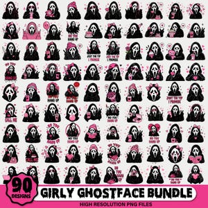 May include: A digital collection of 90 Ghostface character illustrations featuring black hooded robes and white masks with pink accents. Various designs include the character holding items like hearts, bows, phones, and drinks with text like No You Hang Up.