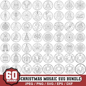 May include: A collection of 60 circular Christmas-themed mosaic designs in black and white line art. The set includes icons like trees, reindeer, nativity scenes, ornaments, and bells. The text at the bottom reads 60 DESIGNS CHRISTMAS MOSAIC SVG BUNDLE.