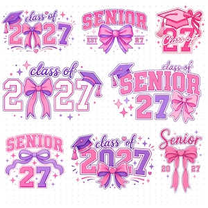 May include: A collection of eight digital graphic designs featuring the text Class of 2027 and Senior 27. Each design incorporates pink and purple graduation caps, bows, and star accents on a white background with a subtle dot pattern throughout.