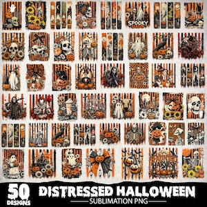 Può includere: Una collezione di 50 design per sublimazione digitale a tema Halloween con teschi, fantasmi, zucche, girasoli e gatti neri. Le grafiche includono strisce verticali arancioni e nere dall'aspetto usurato ed elementi testuali.