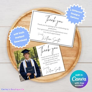 May include: Graduation thank you cards with a photo and text. The cards are on a wooden tray with the text "Thank you" and a message. The image also includes a photo of a graduate in a cap and gown. The cards are 4x6 inches and can be edited in Canva.