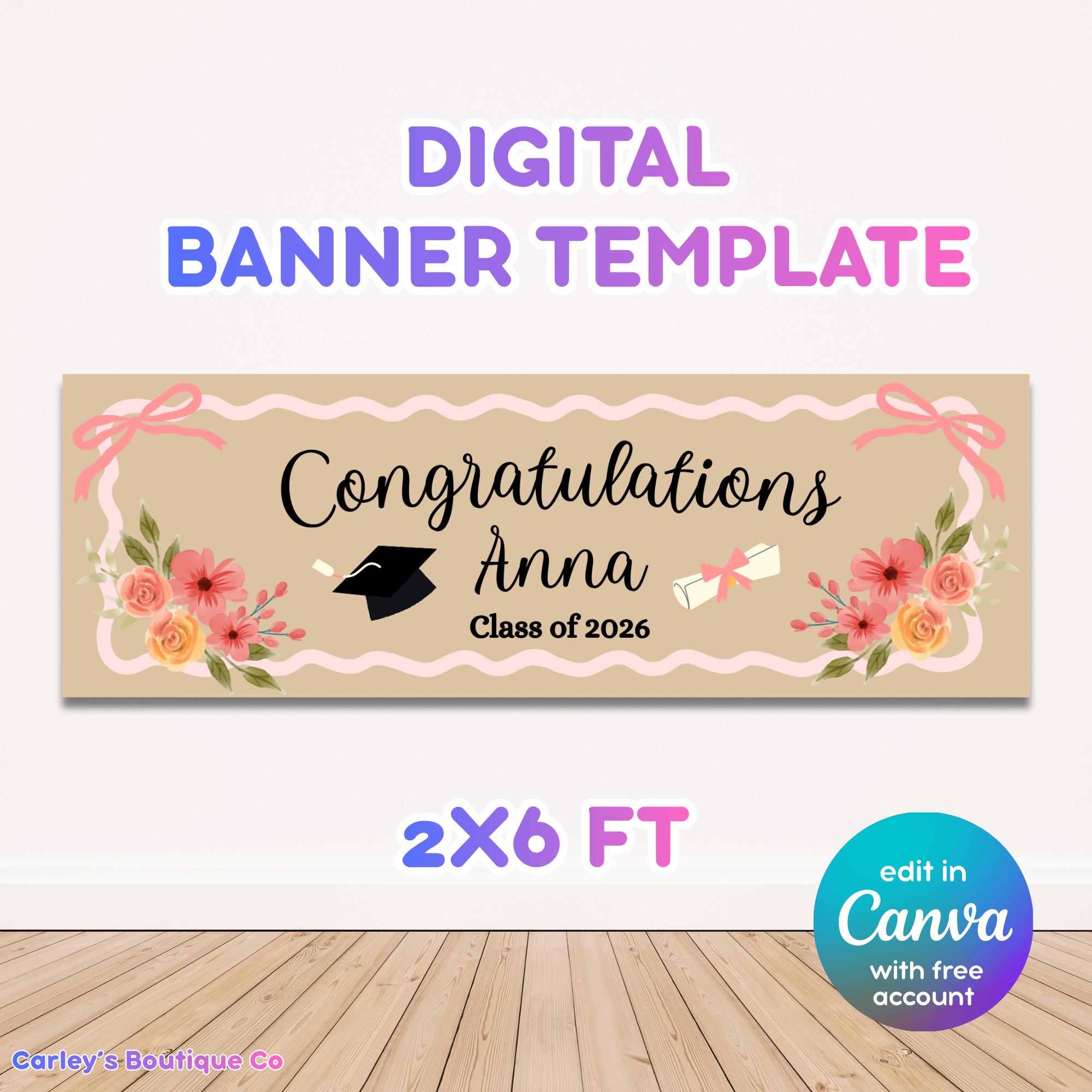 Graduation Pink Pattern Border Pink Floral Graduation Banner Template | Editable Canva Design (digital ...