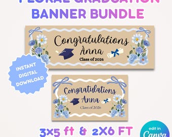 Paquete de pancartas de graduación con diseño floral azul / Plantilla editable de Canva (Descarga digital)