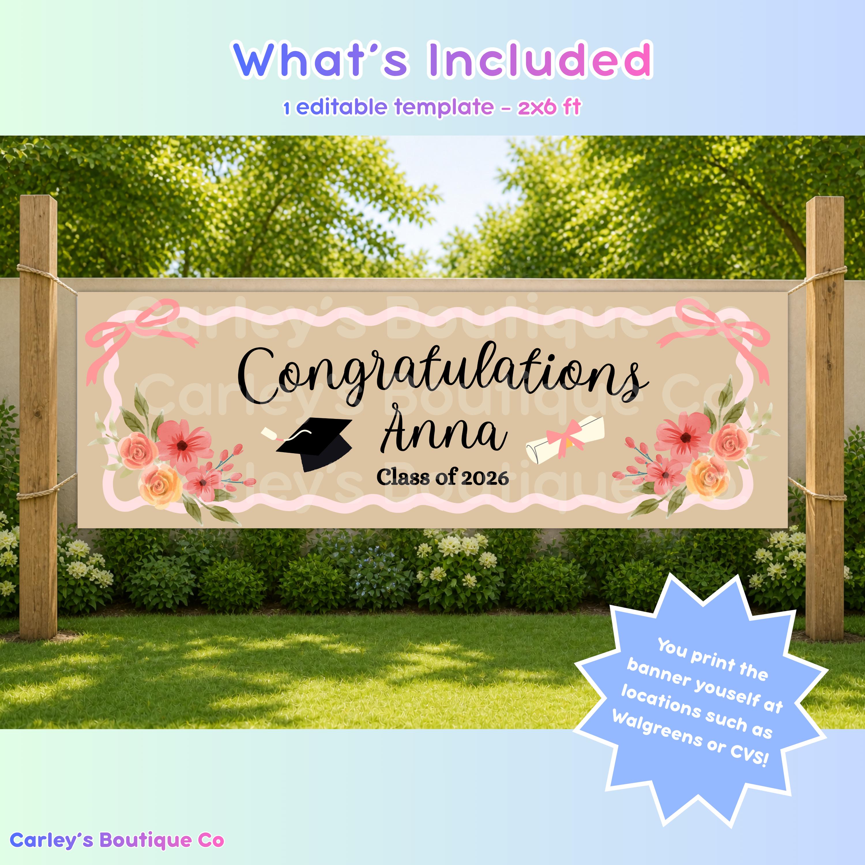 Graduation Pink Pattern Border Pink Floral Graduation Banner Template | Editable Canva Design (digital ...