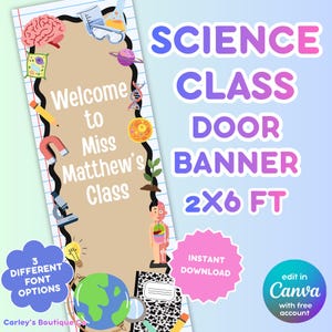 Puede incluir: Un estandarte vertical para puerta de clase de ciencias de 2x6 pies con centro beige y borde rayado. Incluye ilustraciones de cerebro, planeta, ADN, microscopio y globo terráqueo. Texto: Welcome to Miss Matthew's Class, Science Class Door Banner 2x6 ft.