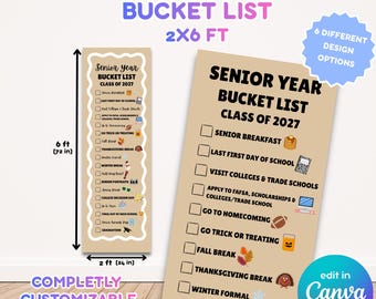 Senior Year Bucket List Banner Template, Class of 2027, Customizable Checklist (Digital Download)