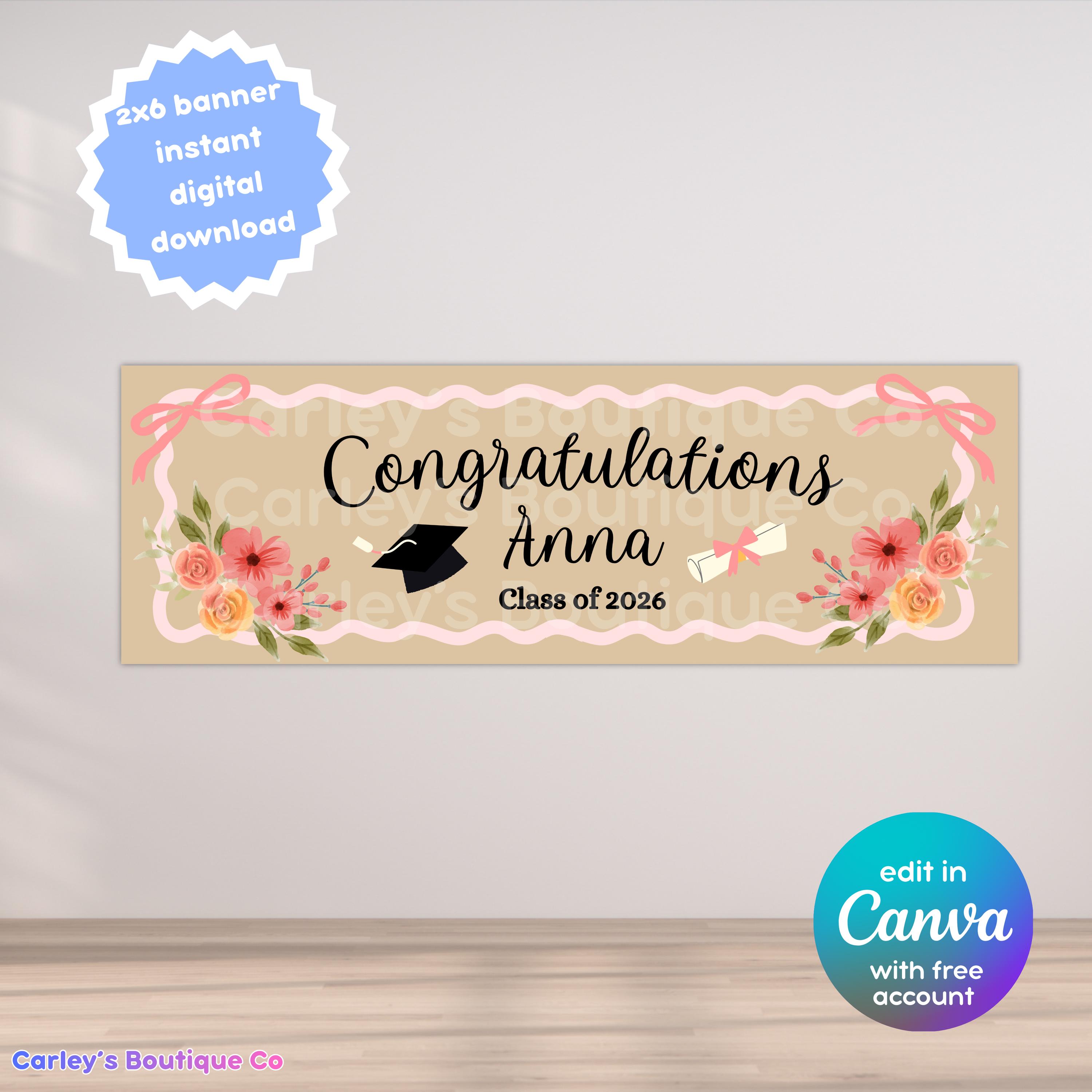 Pink Floral Graduation Banner Template | Editable Canva Design (digital ...