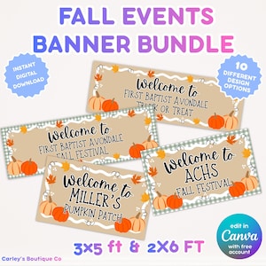 May include: A digital banner bundle for fall events featuring three rectangular signs with tan backgrounds, white scalloped borders, and orange pumpkin illustrations. Text includes Welcome to First Baptist Avondale Trunk or Treat, Welcome to First Baptist Avondale Fall Festival, Welcome to ACHS Fall Festival, and Welcome to Miller's Pumpkin Patch.