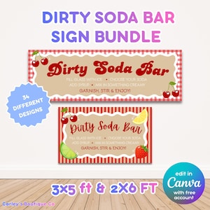 May include: Two rectangular signs with red and white checkered borders and tan centers. The text reads Dirty Soda Bar, Fill Glass With Ice, Choose Your Soda, Add Syrup, Mix In Something Creamy, Garnish, Stir & Enjoy. Includes cherry, lemon, and strawberry graphics.