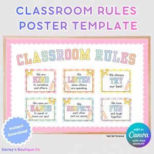 May include: A classroom rules poster template featuring a pink scalloped border and six individual rule cards. Each card displays pastel-colored text, a yellow bow graphic, and a pencil illustration. The text includes phrases like We are KIND, We LISTEN, and We have FUN.