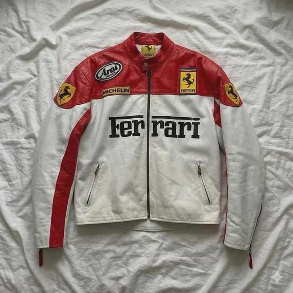 Handmade Vintage Ferrari Racing Leather Jacket – 90s F1 Motorsport Biker Jacket – Red White Moto Leather Coat Retro Streetwear Jacket