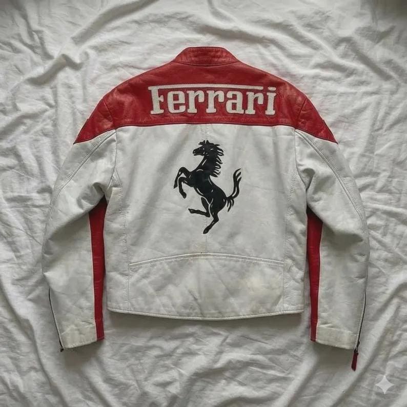 May include: White leather jacket with red accents and the Ferrari logo across the back shoulders. A black prancing horse emblem is centered below the logo. The jacket has a classic motorcycle style.