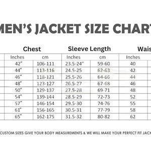 May include: A size chart for jackets, with measurements in inches and centimeters. The chart includes chest, sleeve length, and waist measurements for sizes XS to 5XL. The text "MEN'S JACKET SIZE CHART" is at the top.
