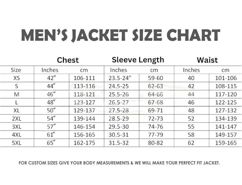 May include: A size chart for jackets, with measurements in inches and centimeters. The chart includes chest, sleeve length, and waist measurements for sizes XS to 5XL. The text "MEN'S JACKET SIZE CHART" is at the top.