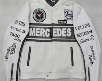 Handmade Mercedes F1 Racing Leather Jacket |Mercedes White Leather Embroidered Jacket
