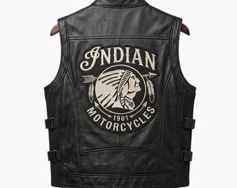 インディアンモーターサイクルライディングベスト｜本革バイカーベスト｜刺繍ロゴ入りモーターサイクルベスト｜メンズバイククラシッククルーザーベスト