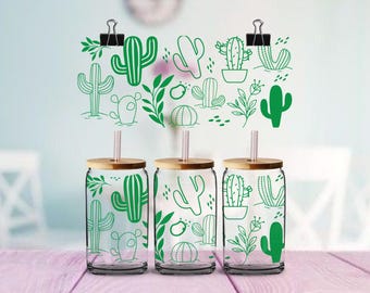 Cactusgroen UVDTF-bekeromslagdoek | Sticker glazen beker van 16 oz