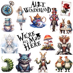 May include: A collection of whimsical illustrations featuring characters and elements from "Alice in Wonderland." Includes Alice, the Mad Hatter, the Cheshire Cat, a pocket watch, playing cards, and the text "Alice in Wonderland" and "We're all Mad Here."