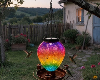 Lanterna solare da appendere per mangiatoia per uccelli, con globo arcobaleno e design a farfalla e colibrì.