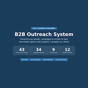 May include: A dark blue graphic with the text "FOR CLEANING COMPANIES" and "B2B Outreach System." It includes statistics: 43 emails, 34 campaigns, 9 files, and 12 months covered. Additional text includes "Word Docs," "Excel Calendars," and "Copy-Paste Ready."