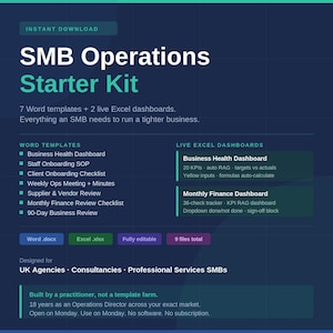 Può includere: Grafica blu scuro con "SMB Operations Starter Kit". Include modelli Word e dashboard Excel. Progettato per agenzie, consulenti e PMI del Regno Unito. Completamente modificabile, con 9 file.