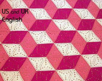 3D illusion blanket Crochet Pattern. Stacked cubes, Optical illusion, tumbling blocks. Granny triangle. US & UK English