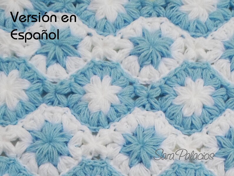 Crochet Baby Blanket Pattern. SPANISH VERSION. stars on the Sea Puff Flower Blanket, Crochet