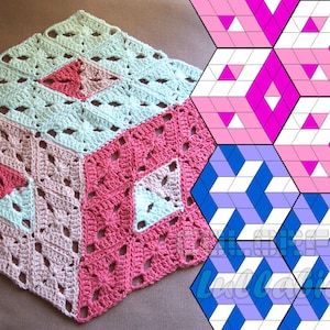 May include: A crochet blanket with a geometric pattern in shades of pink, green, and white. The blanket is made up of squares with a diamond pattern in the center. The blanket is made with a crochet hook and yarn.
