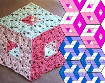 Rhombus granny square Crochet Pattern. 3D optical illusion stacked cubes No 2.