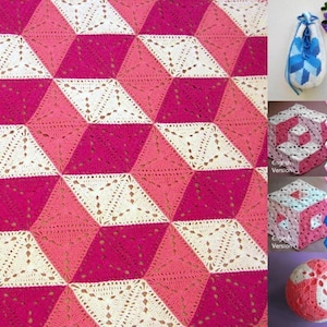 May include: A handmade crochet blanket with a geometric design. The blanket features a repeating pattern of three-dimensional diamonds in shades of pink and white. The blanket is made of soft yarn and is perfect for a bed or couch.