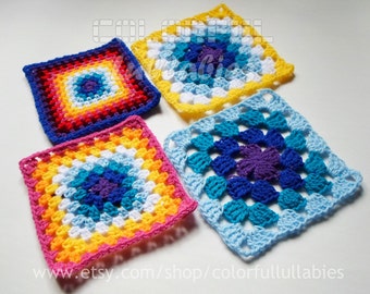 4 Crochet patterns - Sc, hdc, dc and tr Granny Square. Collection of Basic Crochet Shapes
