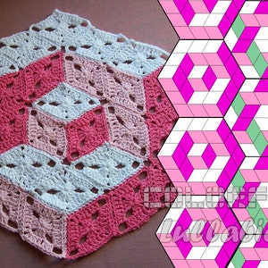 Optical Illusion Crochet Pattern. 3D illusion crochet stacked cubes No 1. Diamond granny square. Tumbling blocks. Hexagon crochet blanket