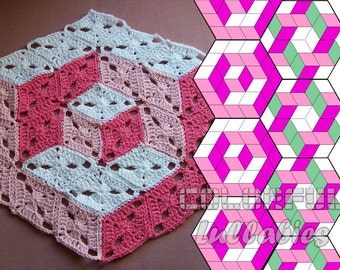 Optical Illusion Crochet Pattern. 3D illusion crochet stacked cubes No 1. Diamond granny square. Tumbling blocks. Hexagon crochet blanket